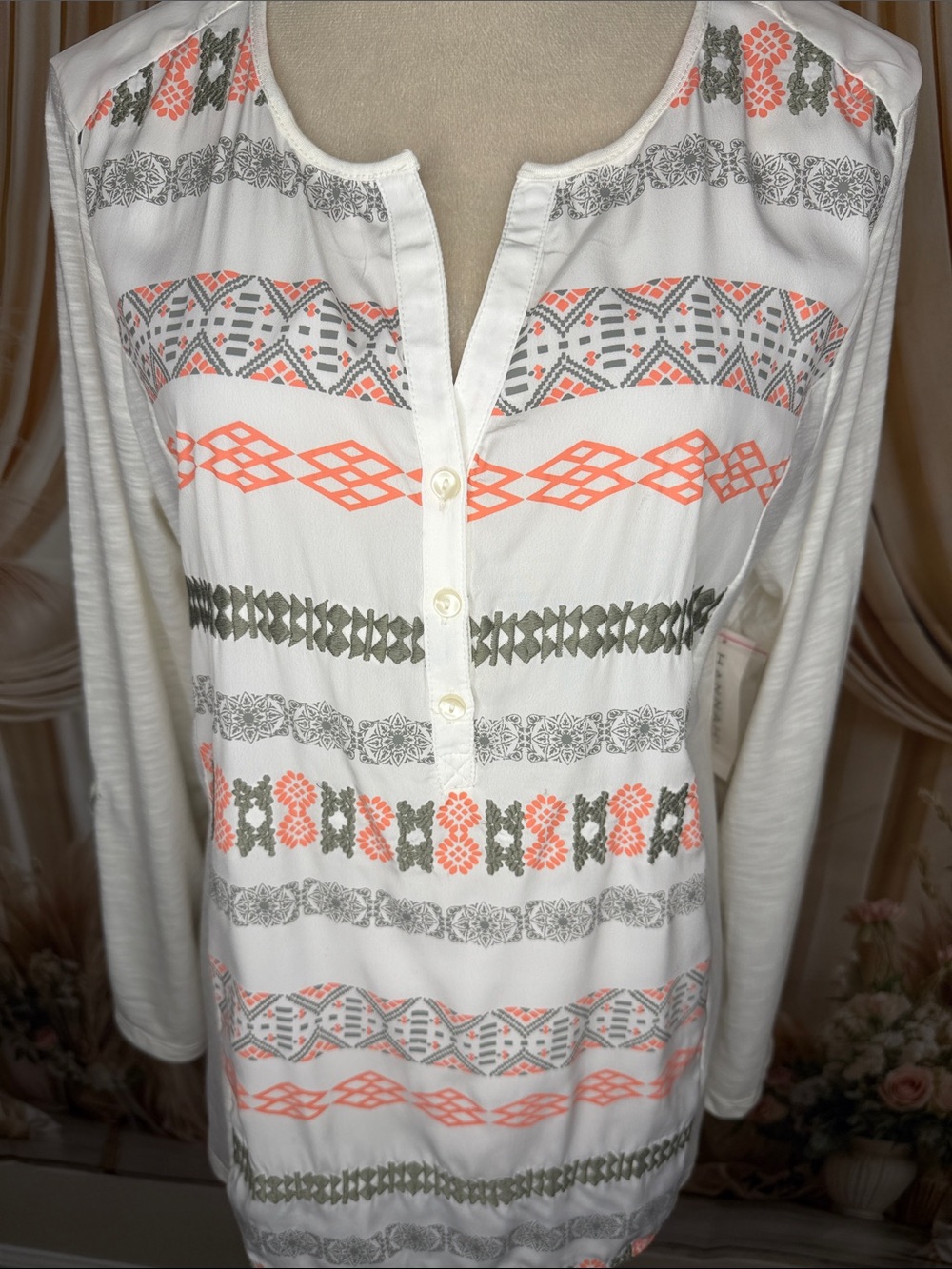 Hannah White Tunic with Coral and Grey Tribal Stripes
